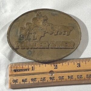 Vintage Powder River Brass Belt Buckle Cowboy Herding Cattle Western Oval